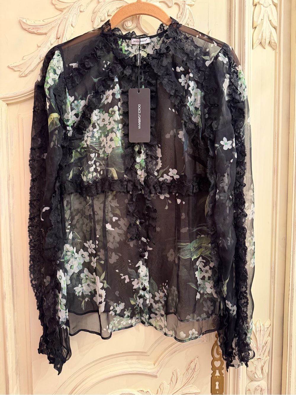 Dolce & Gabbana Black Sheer Floral Lace-Trim Blouse